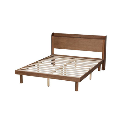Walnut Brown Finished Wood Full Size Platform Bed with Charging Station