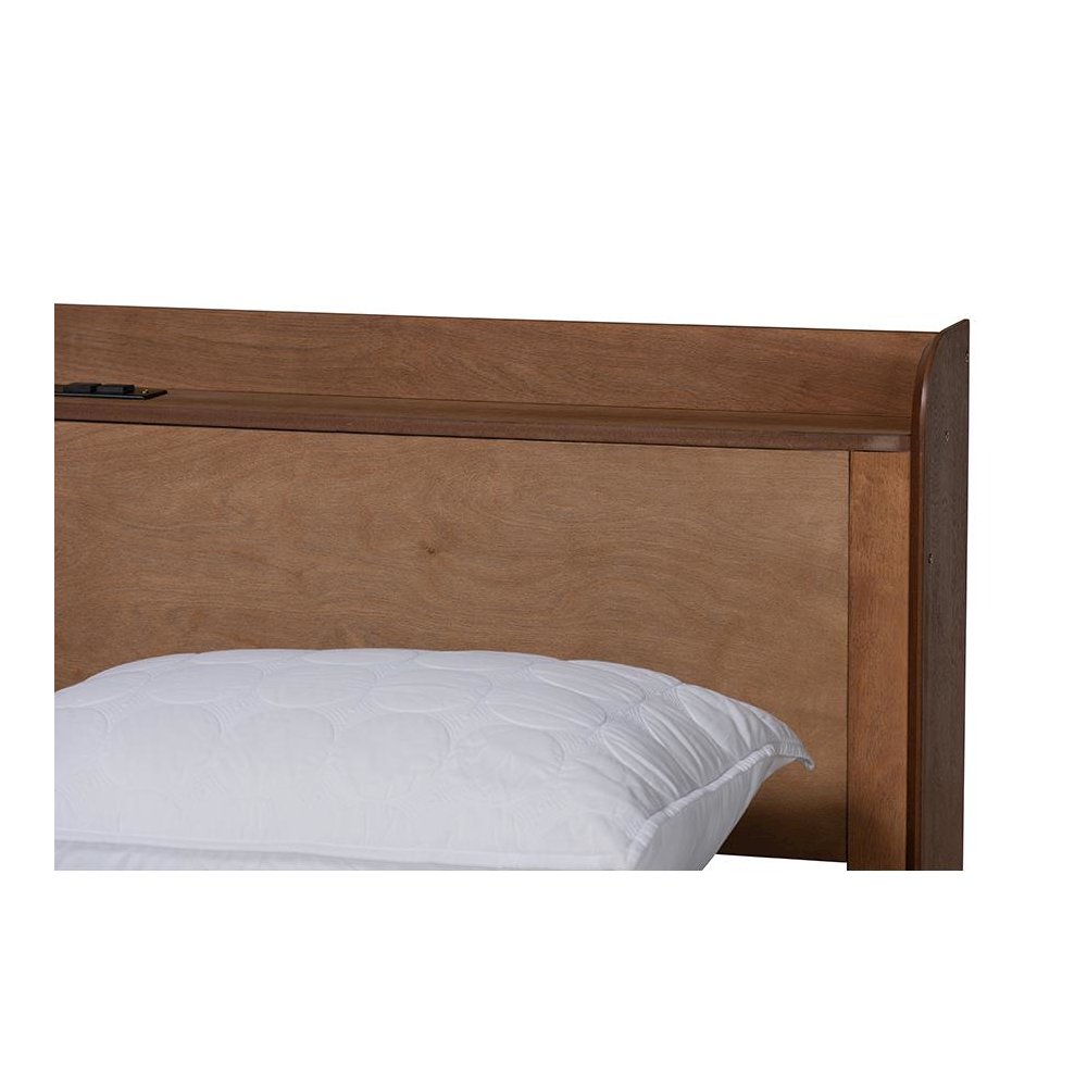 Walnut Brown Finished Wood Full Size Platform Bed with Charging Station