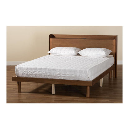 Walnut Brown Finished Wood Full Size Platform Bed with Charging Station