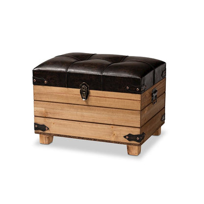 Leather Upholstered and Oak Brown Finished Wood Storage Ottoman