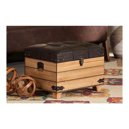 Leather Upholstered and Oak Brown Finished Wood Storage Ottoman