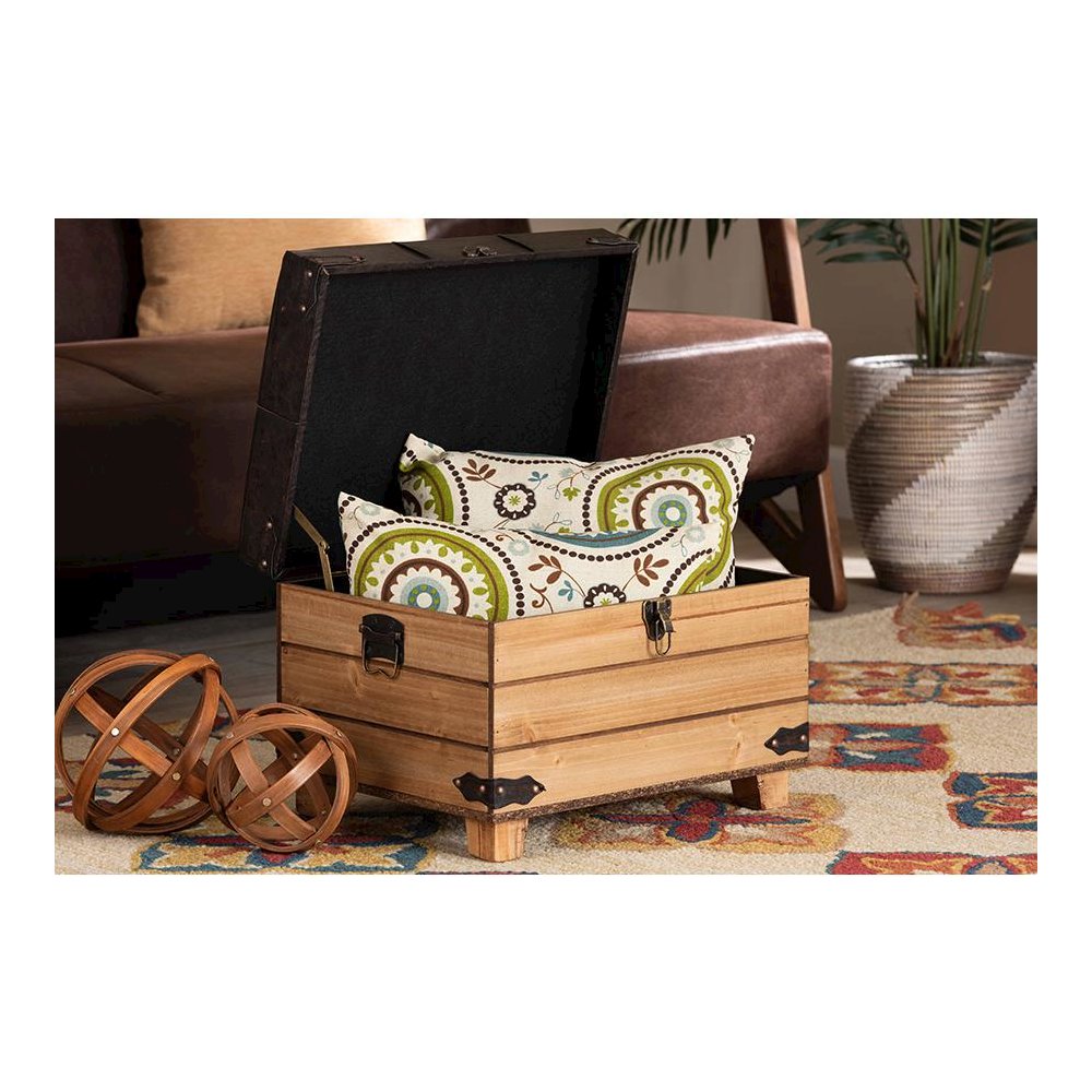 Leather Upholstered and Oak Brown Finished Wood Storage Ottoman