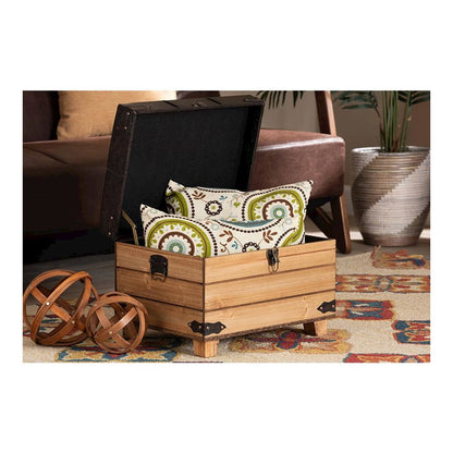 Leather Upholstered and Oak Brown Finished Wood Storage Ottoman
