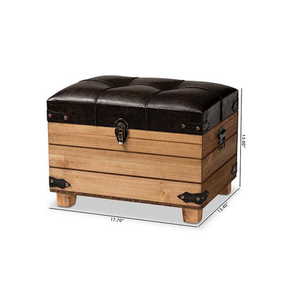 Leather Upholstered and Oak Brown Finished Wood Storage Ottoman