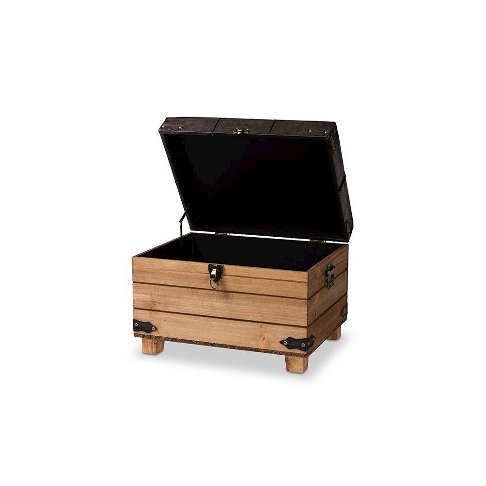 Leather Upholstered and Oak Brown Finished Wood Storage Ottoman
