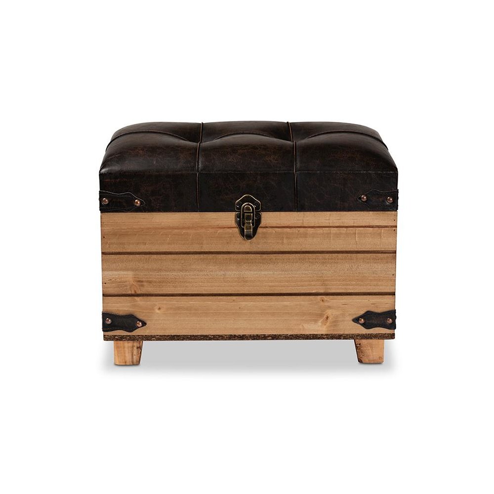 Leather Upholstered and Oak Brown Finished Wood Storage Ottoman