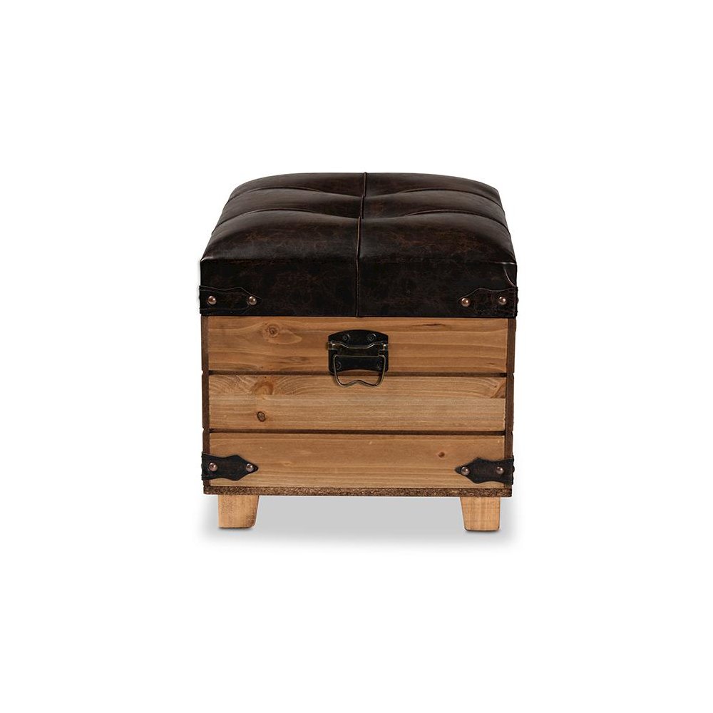 Leather Upholstered and Oak Brown Finished Wood Storage Ottoman