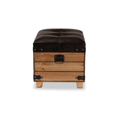 Leather Upholstered and Oak Brown Finished Wood Storage Ottoman