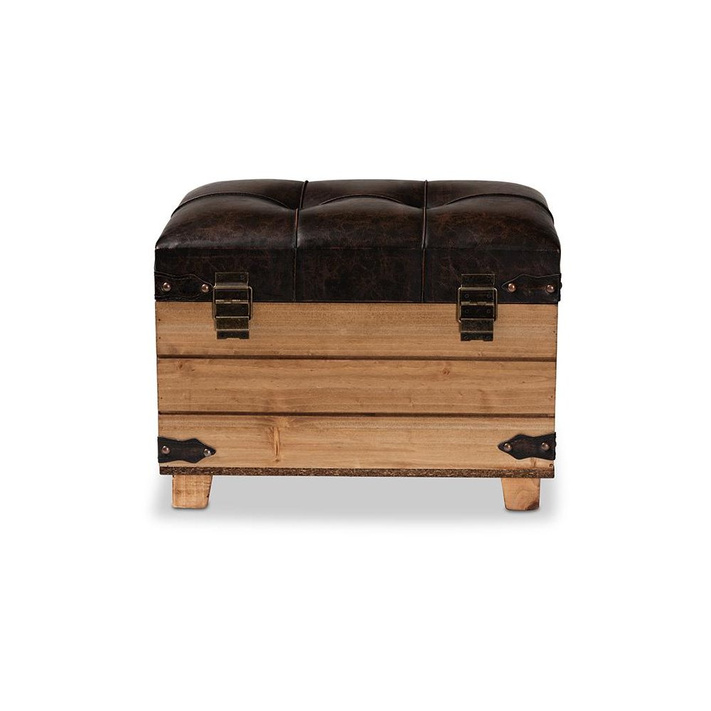 Leather Upholstered and Oak Brown Finished Wood Storage Ottoman