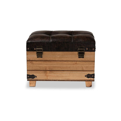 Leather Upholstered and Oak Brown Finished Wood Storage Ottoman