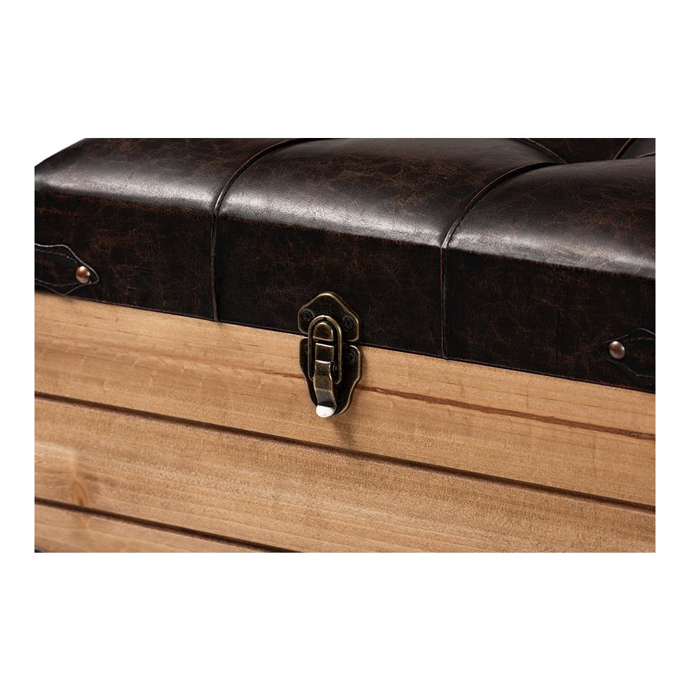 Leather Upholstered and Oak Brown Finished Wood Storage Ottoman