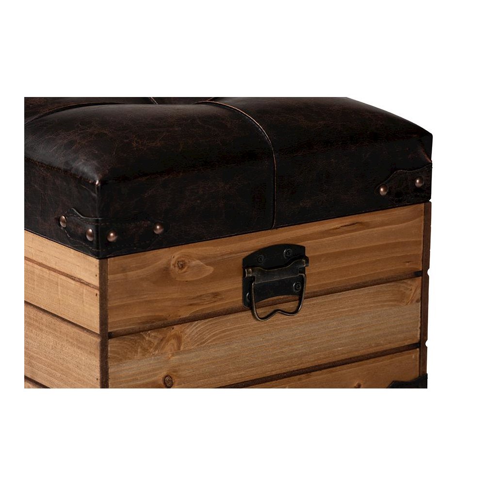 Leather Upholstered and Oak Brown Finished Wood Storage Ottoman