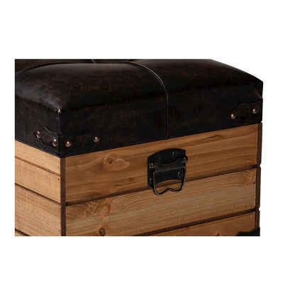 Leather Upholstered and Oak Brown Finished Wood Storage Ottoman