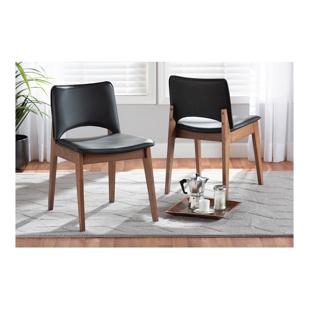 Leather Upholstered and Walnut Brown Finished Wood 2-Piece Dining Chair Set