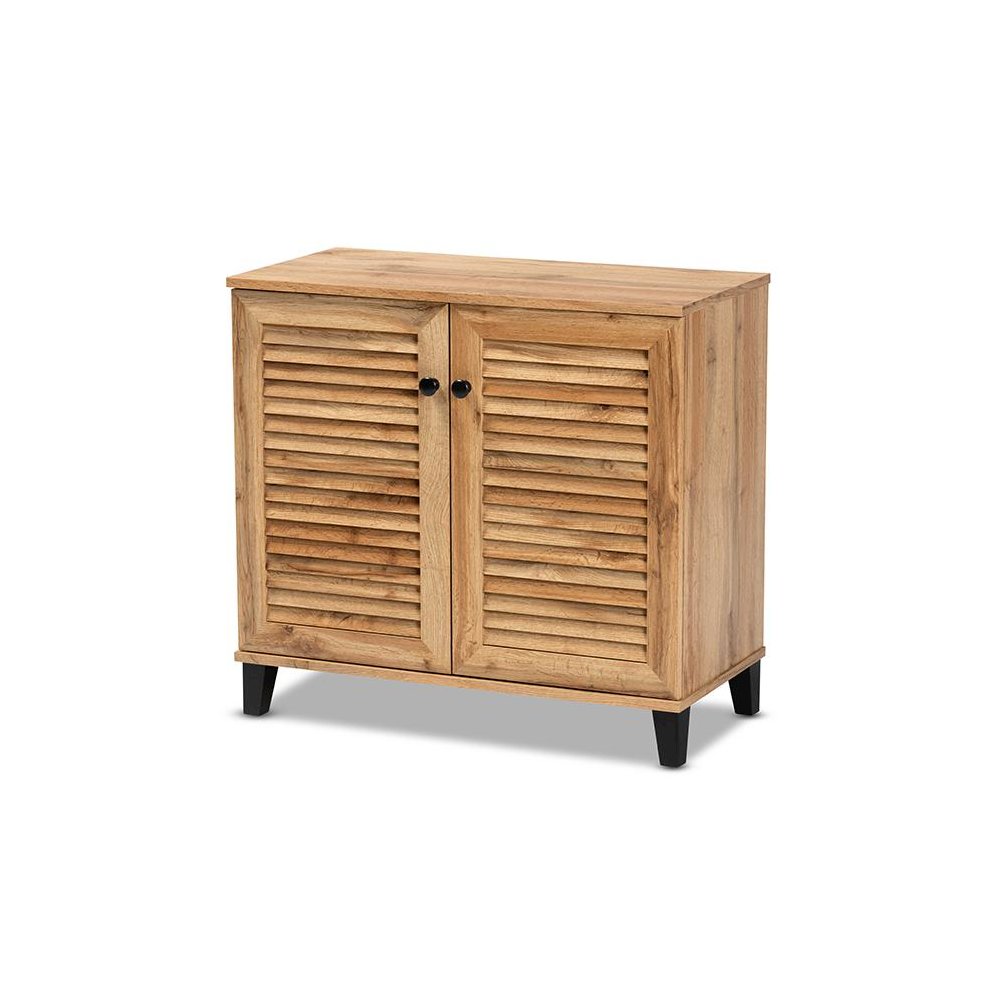 Oak Brown Finished Wood 2-Door Shoe Storage Cabinet