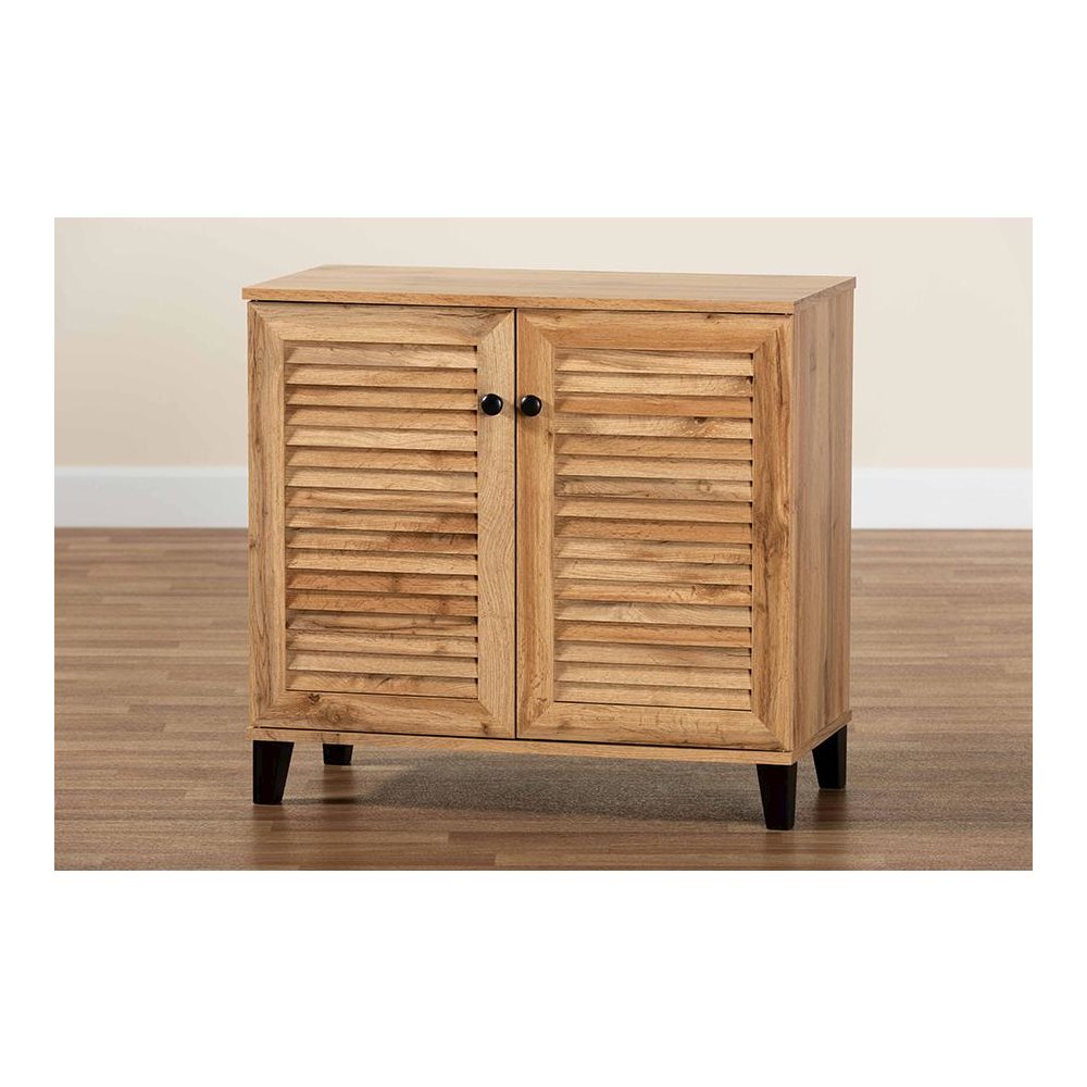 Oak Brown Finished Wood 2-Door Shoe Storage Cabinet