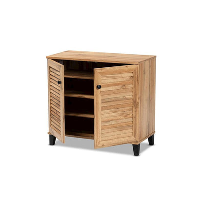 Oak Brown Finished Wood 2-Door Shoe Storage Cabinet