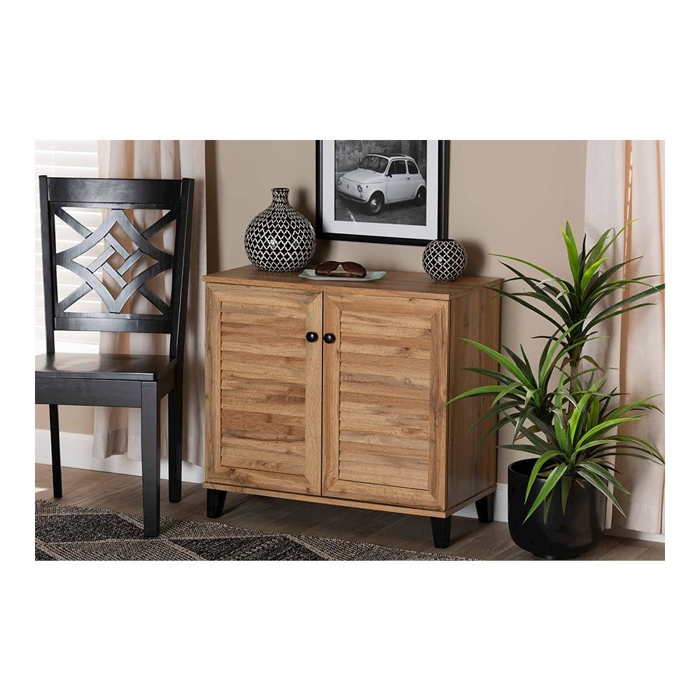 Oak Brown Finished Wood 2-Door Shoe Storage Cabinet