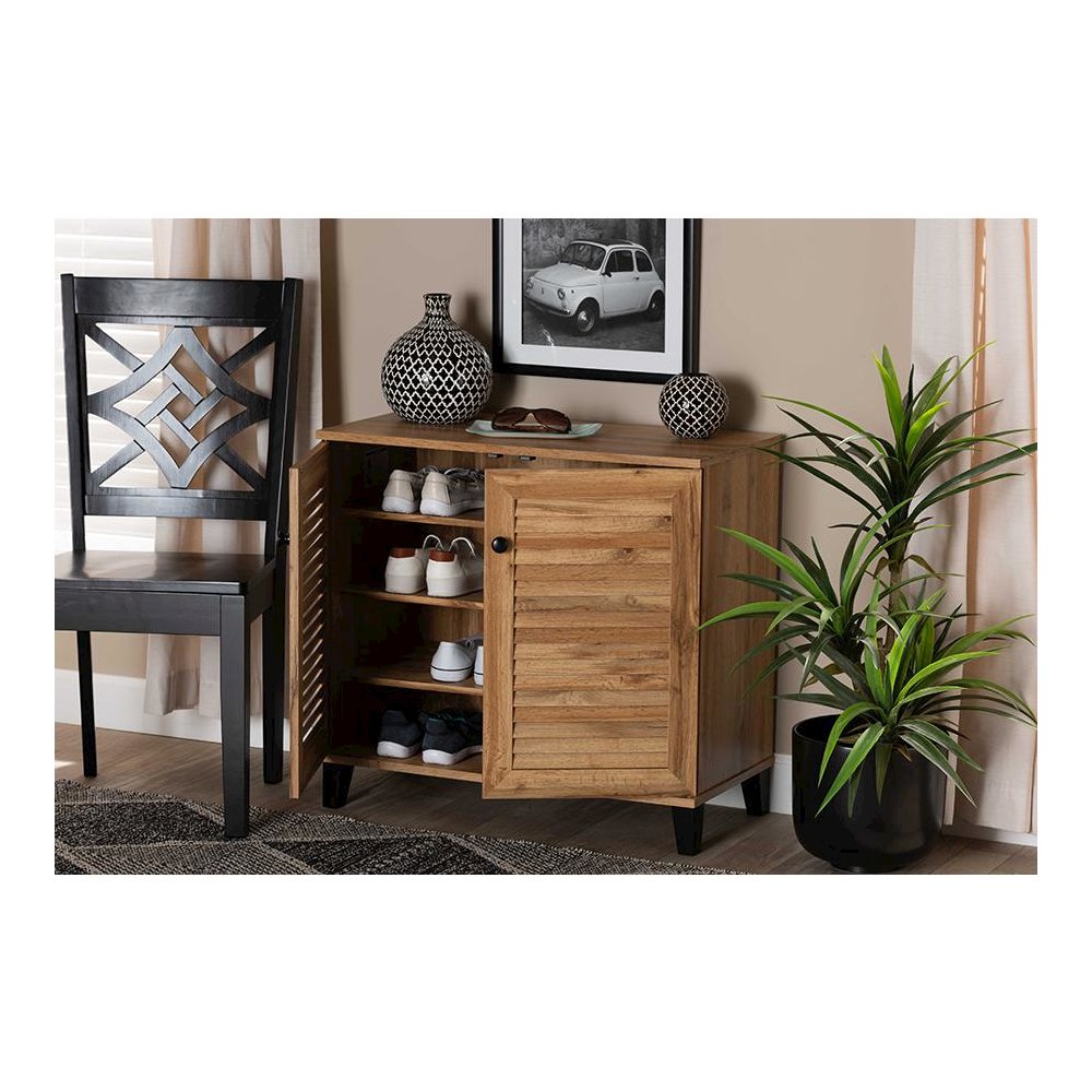 Oak Brown Finished Wood 2-Door Shoe Storage Cabinet