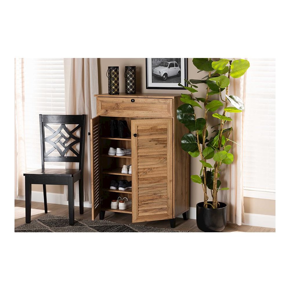 Oak Brown Finished Wood 5-Shelf Shoe Storage Cabinet