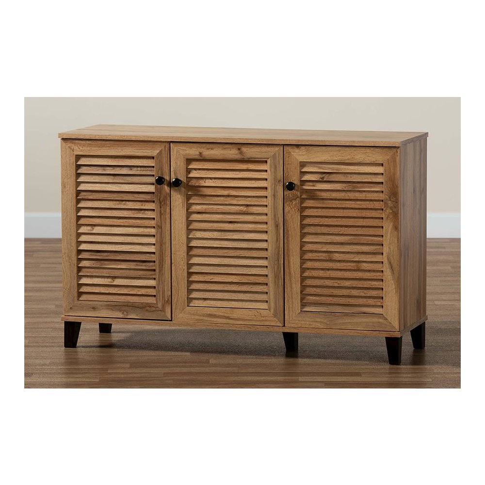 Oak Brown Finished Wood 3-Door Shoe Storage Cabinet