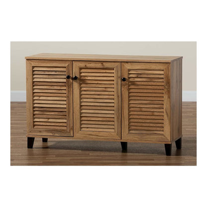 Oak Brown Finished Wood 3-Door Shoe Storage Cabinet