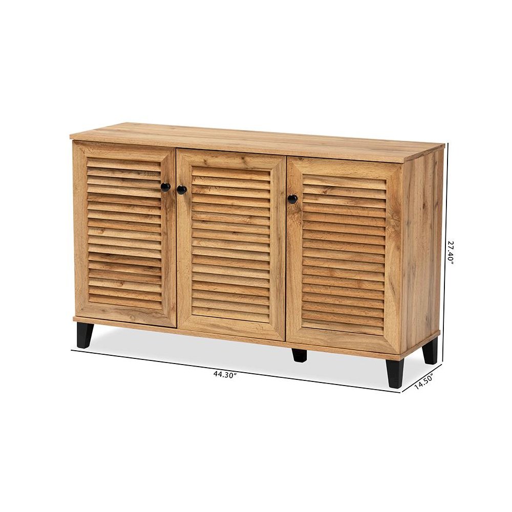 Oak Brown Finished Wood 3-Door Shoe Storage Cabinet