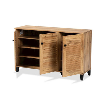 Oak Brown Finished Wood 3-Door Shoe Storage Cabinet