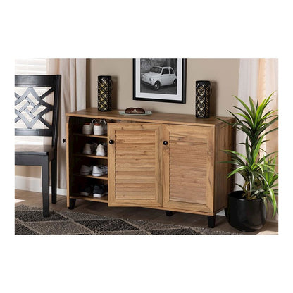 Oak Brown Finished Wood 3-Door Shoe Storage Cabinet