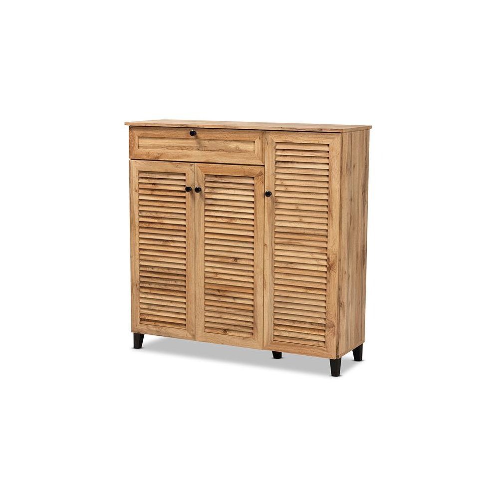 Oak Brown Finished Wood 3-Door Shoe Storage Cabinet with Drawer