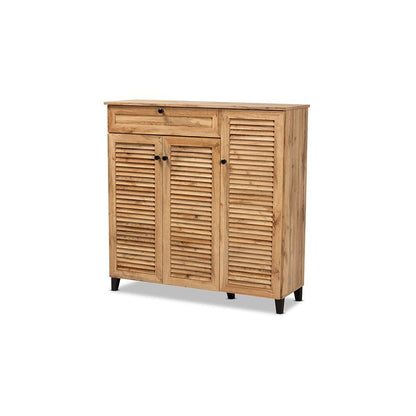 Oak Brown Finished Wood 3-Door Shoe Storage Cabinet with Drawer