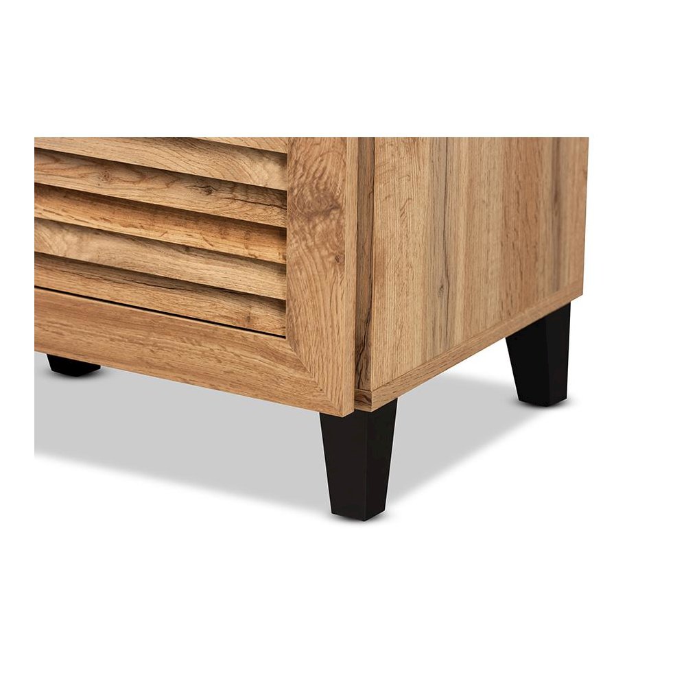 Oak Brown Finished Wood 3-Door Shoe Storage Cabinet with Drawer