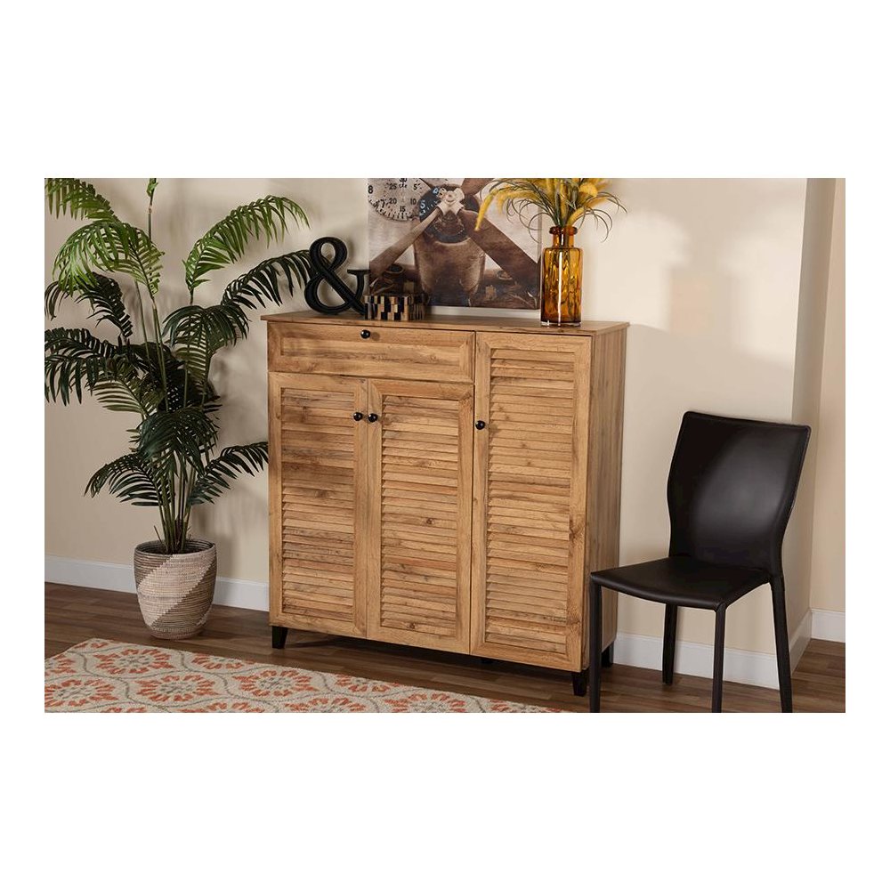Oak Brown Finished Wood 3-Door Shoe Storage Cabinet with Drawer