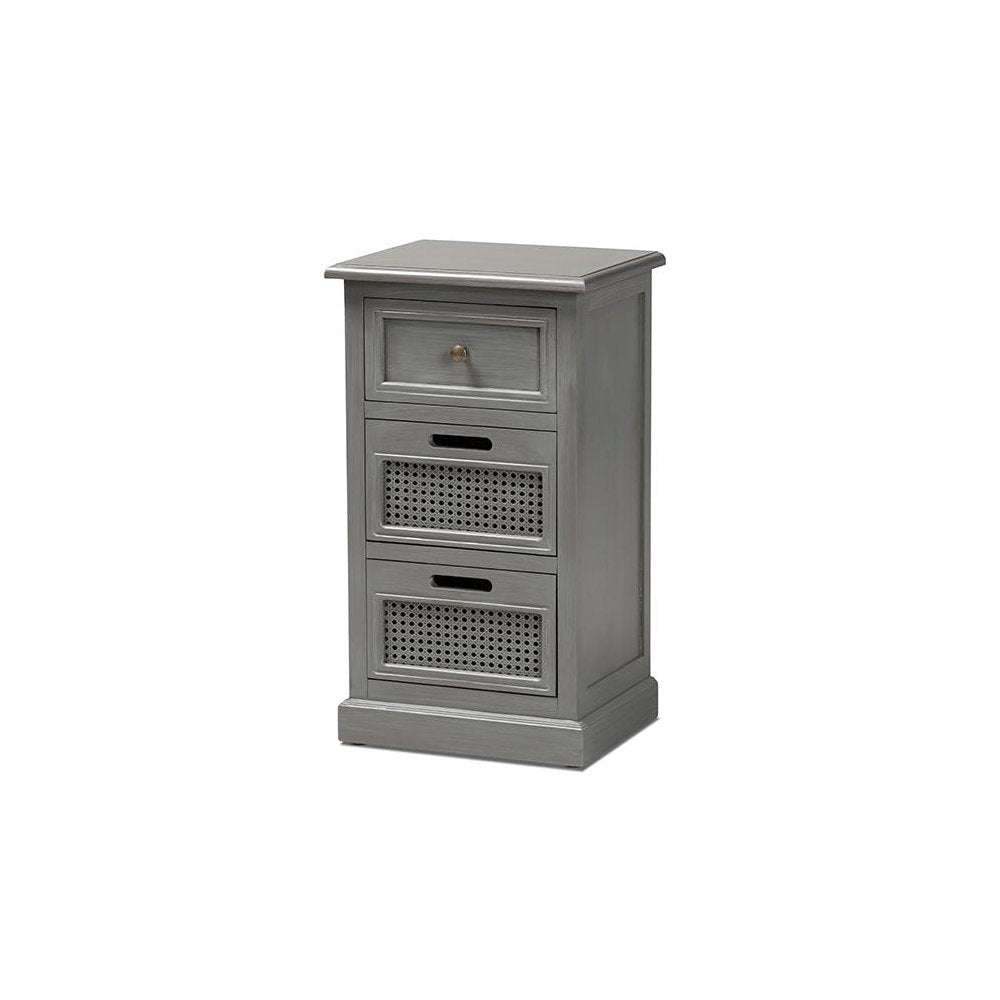 Vintage Grey Finished Wood and Synthetic Rattan 3-Drawer End Table