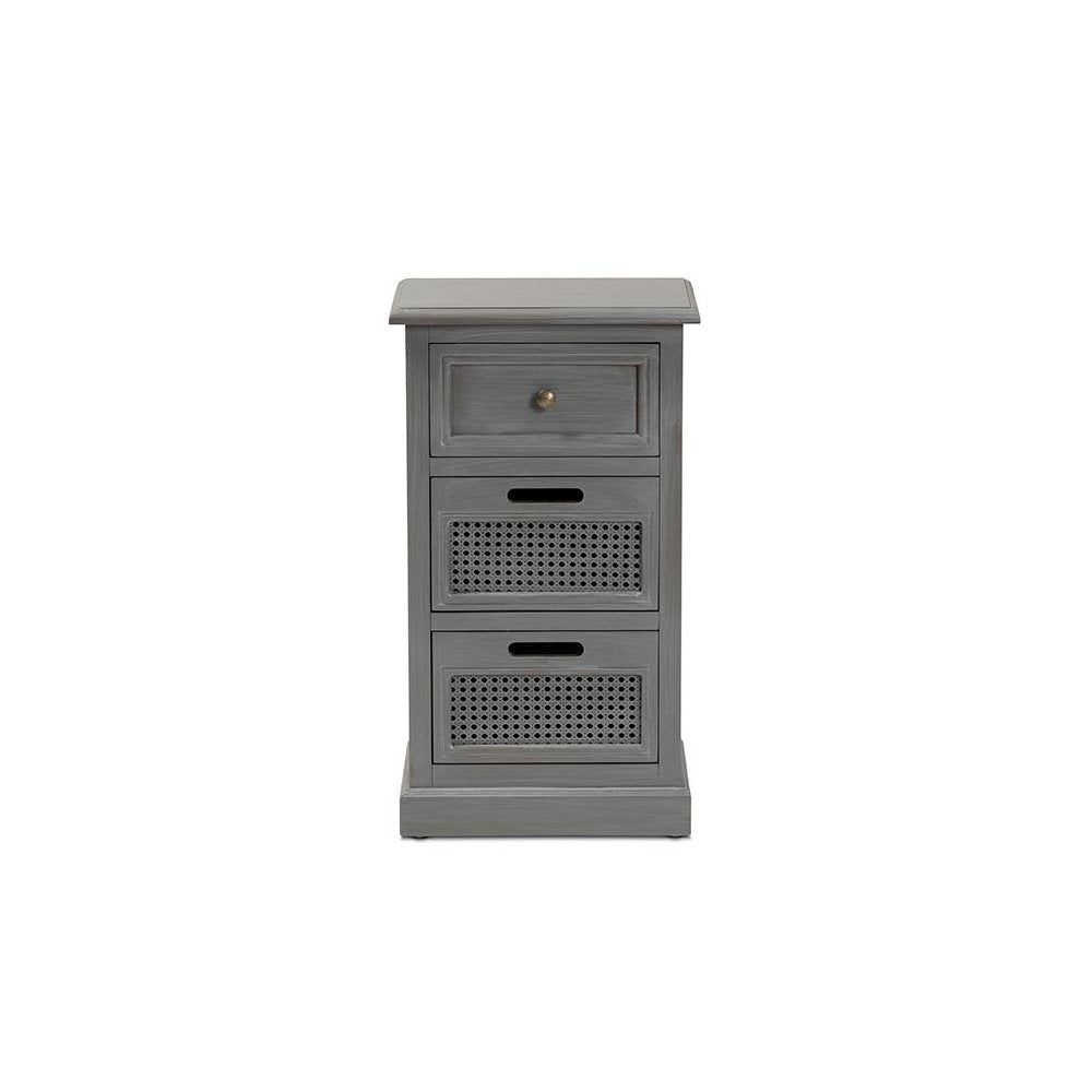 Vintage Grey Finished Wood and Synthetic Rattan 3-Drawer End Table