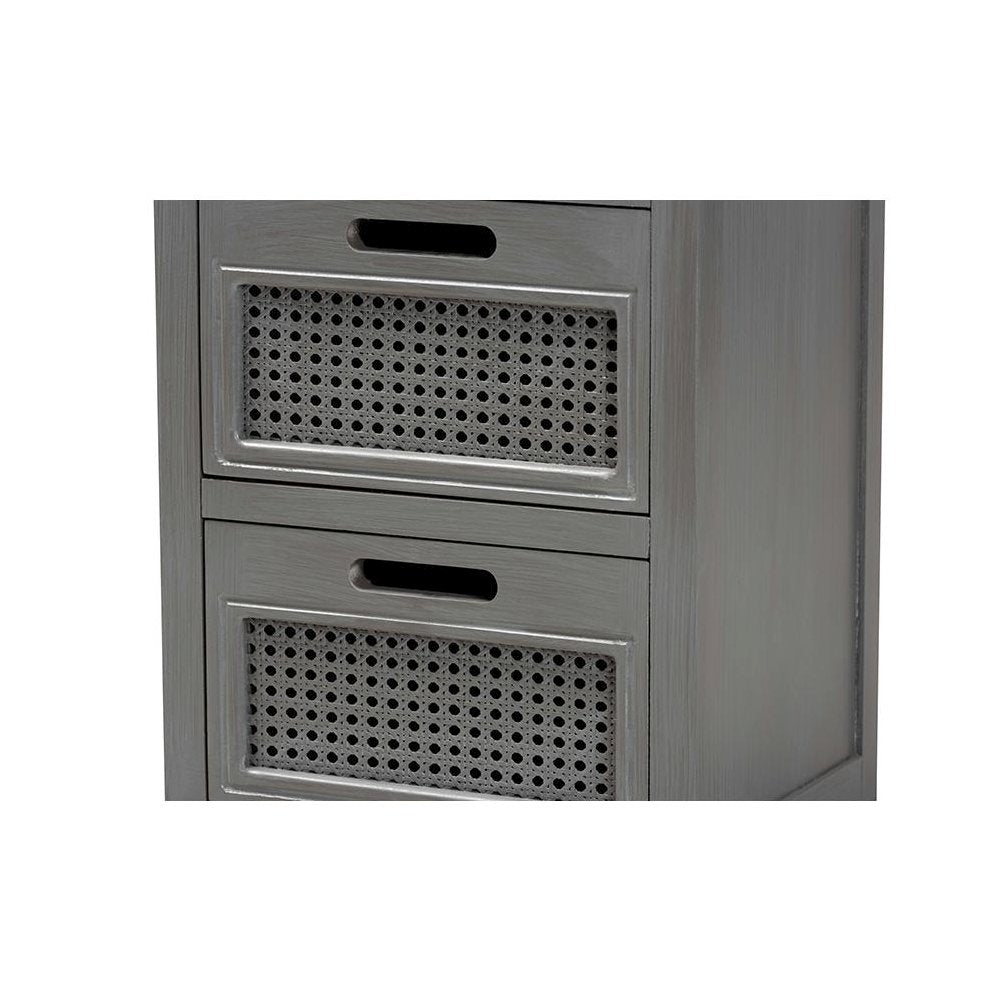 Vintage Grey Finished Wood and Synthetic Rattan 3-Drawer End Table