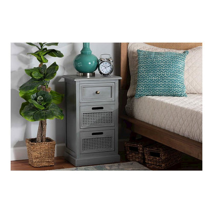 Vintage Grey Finished Wood and Synthetic Rattan 3-Drawer End Table