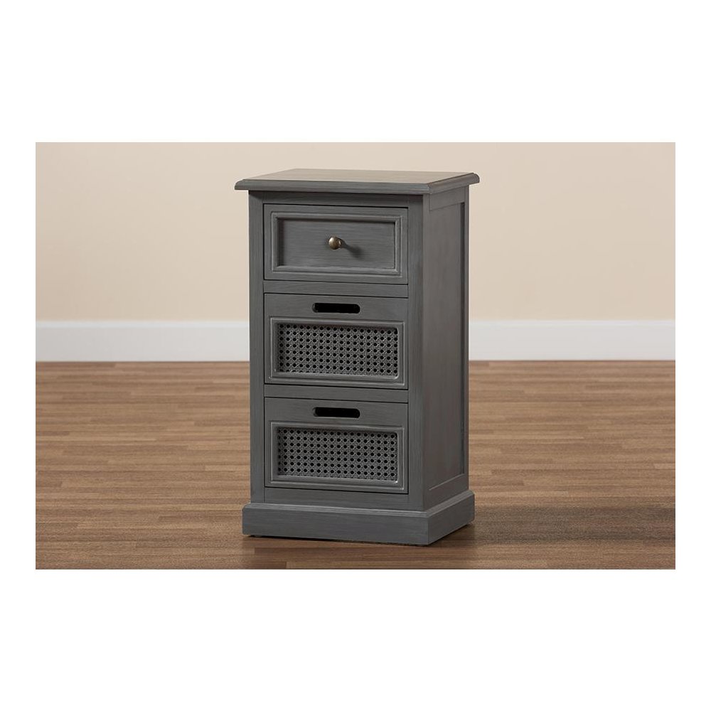 Vintage Grey Finished Wood and Synthetic Rattan 3-Drawer End Table