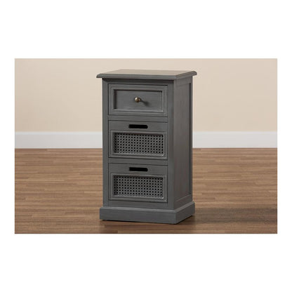 Vintage Grey Finished Wood and Synthetic Rattan 3-Drawer End Table
