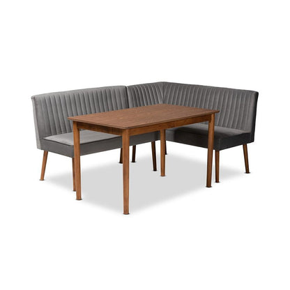 Grey Velvet Upholstered and Walnut Brown Finished Wood 3-Piece Dining Nook Set