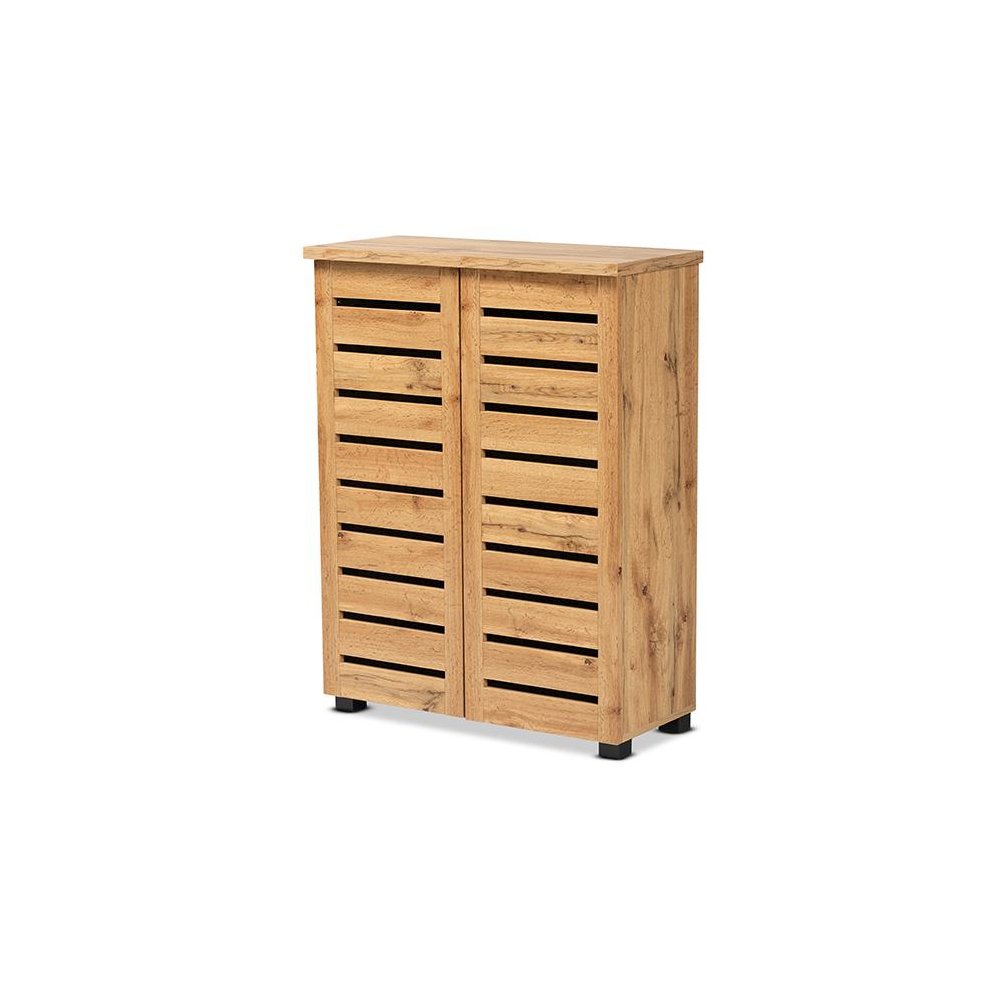 Oak Brown Finished Wood 2-Door Shoe Storage Cabinet
