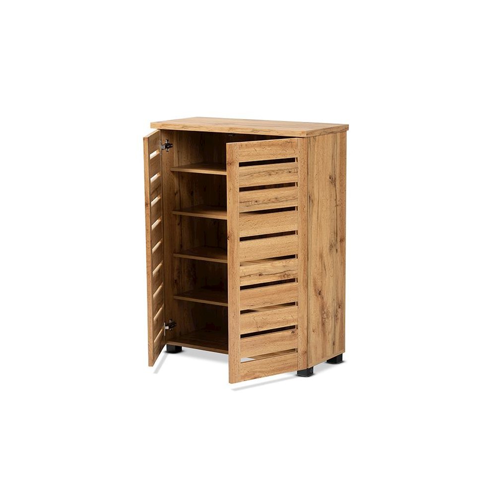 Oak Brown Finished Wood 2-Door Shoe Storage Cabinet