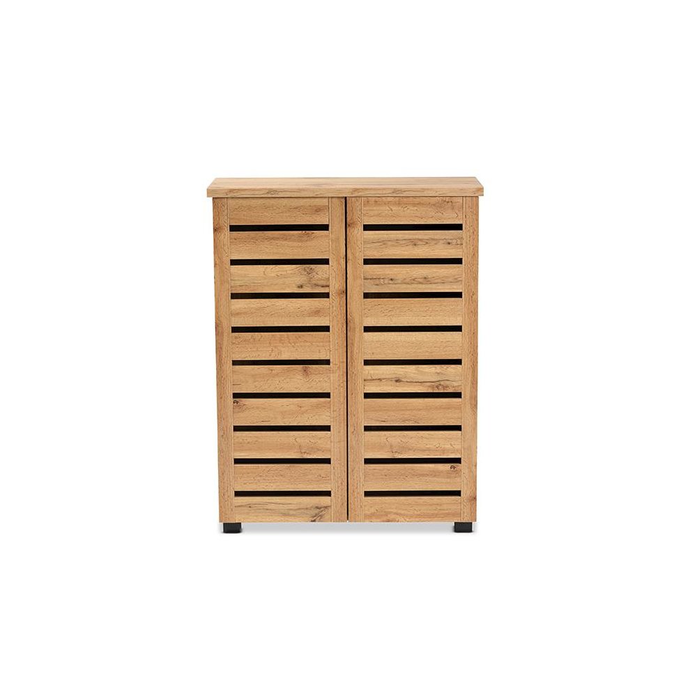 Oak Brown Finished Wood 2-Door Shoe Storage Cabinet