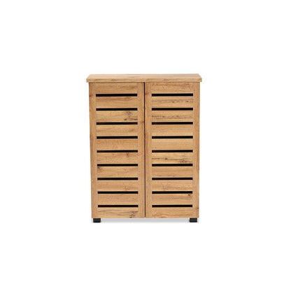 Oak Brown Finished Wood 2-Door Shoe Storage Cabinet