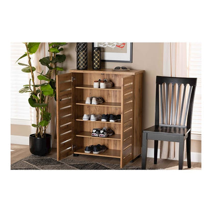 Oak Brown Finished Wood 2-Door Shoe Storage Cabinet