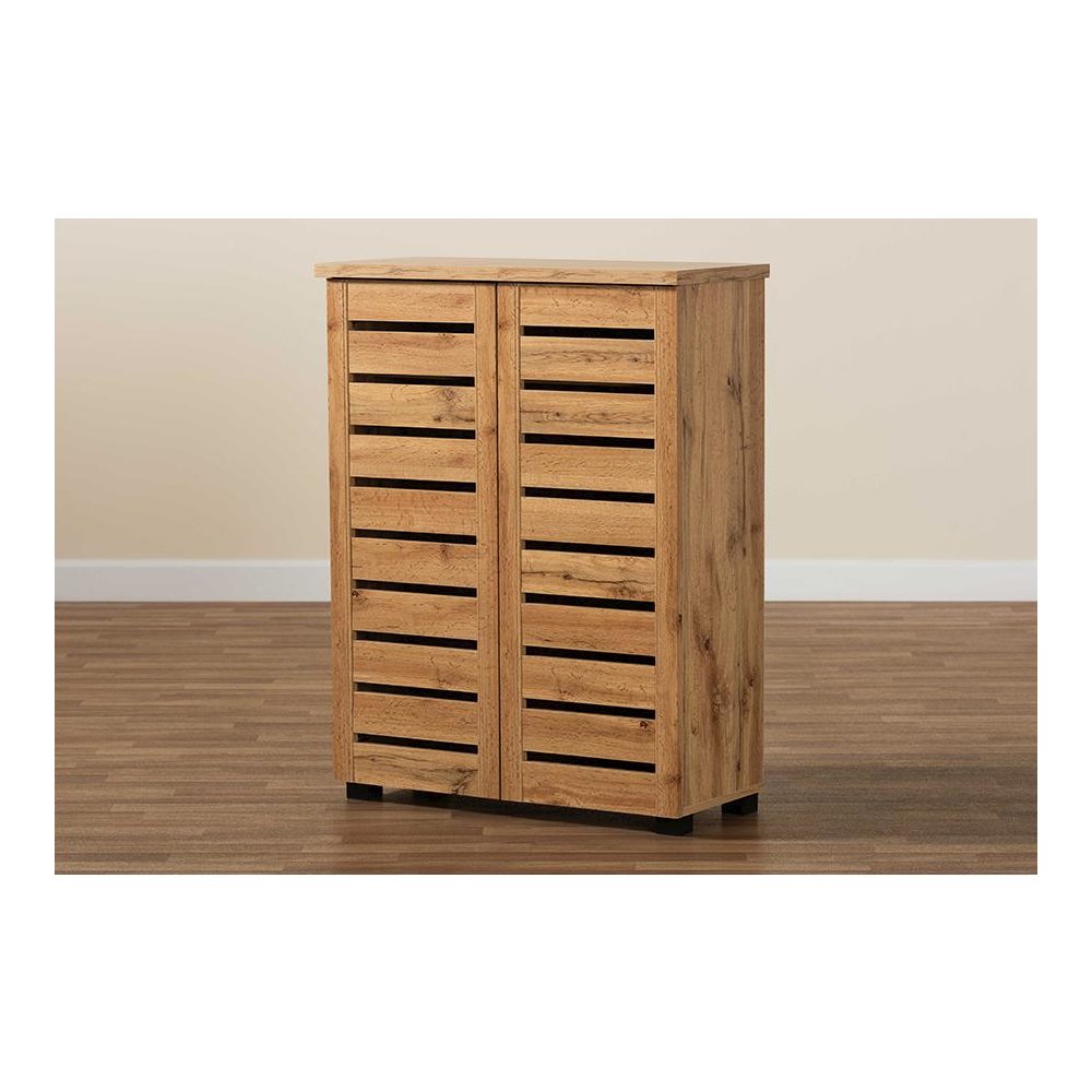 Oak Brown Finished Wood 2-Door Shoe Storage Cabinet