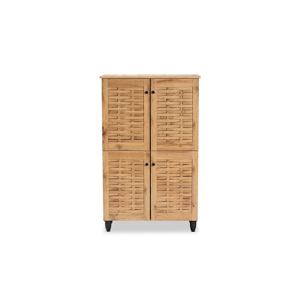 Oak Brown Finished Wood 4-Door Shoe Storage Cabinet
