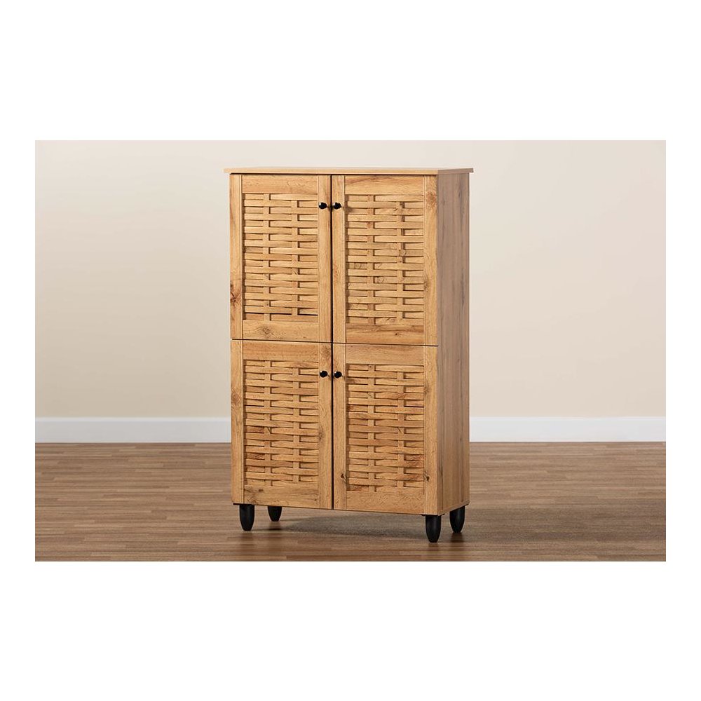 Oak Brown Finished Wood 4-Door Shoe Storage Cabinet
