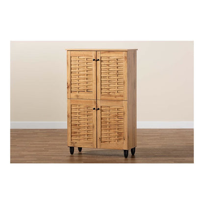 Oak Brown Finished Wood 4-Door Shoe Storage Cabinet