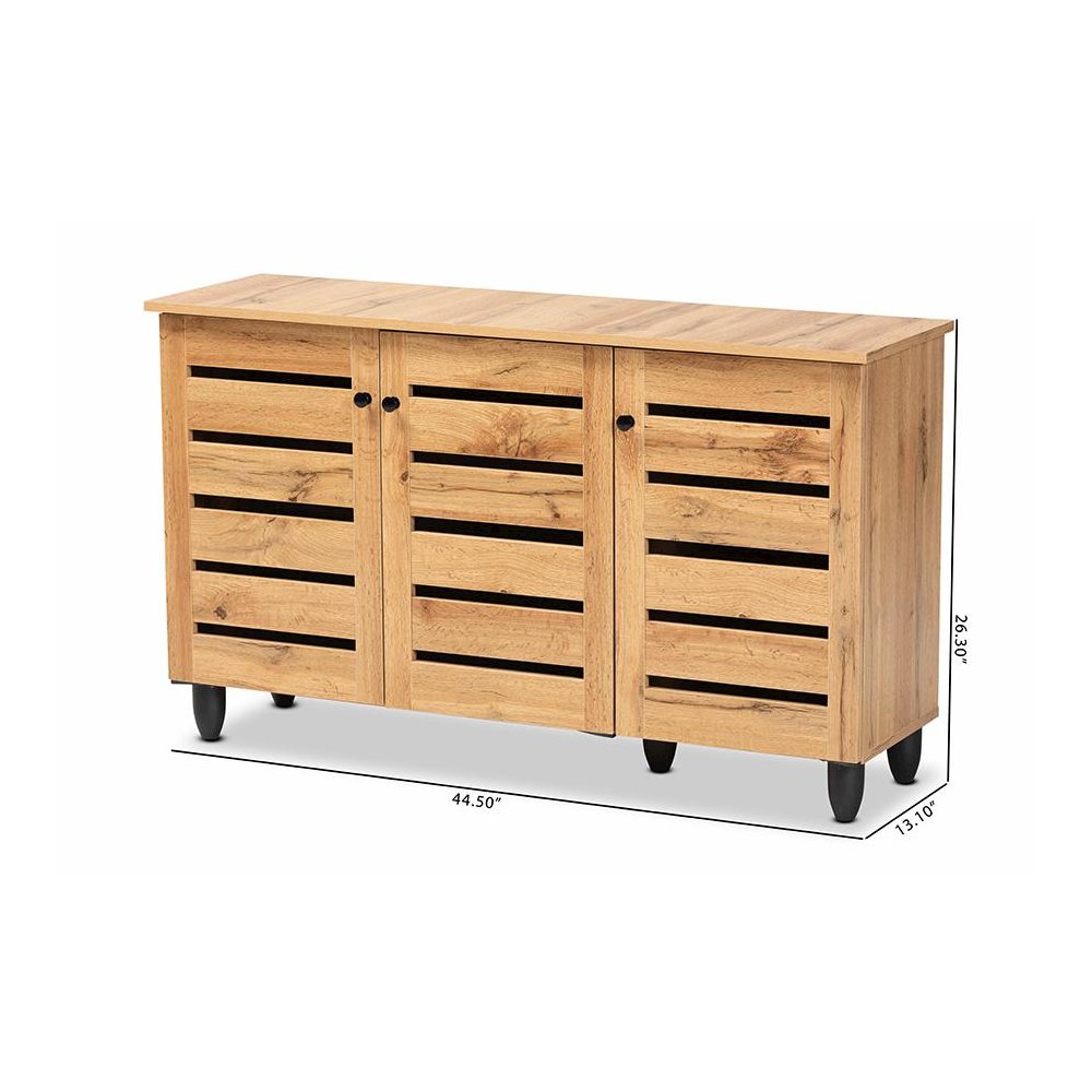 Oak Brown Finished Wood 3-Door Shoe Storage Cabinet